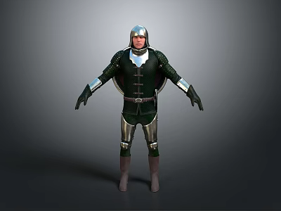 Armored Fantasy Character With Green Silver Armor And Helmet Standing Pose 3d model