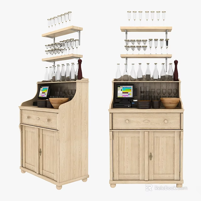 Commercial Equipment Wooden Cabinet With Shelves Holding Wine Glasses Bottles POS Terminal And Bowls 3d model 