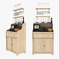Commercial Equipment Wooden Cabinet With Shelves Holding Wine Glasses Bottles POS Terminal And Bowls