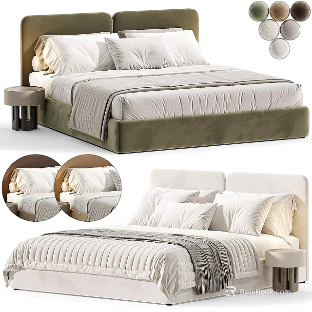 Modern Double Bed With Velour Frame Upholstered Headboard Round Bedside Table And Pillowcases 3d model 