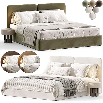 Modern Double Bed With Velour Frame Upholstered Headboard Round Bedside Table And Pillowcases 3d model