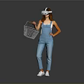 Woman In Blue Overalls Using VR Headset With Shopping Basket On Gray Background
