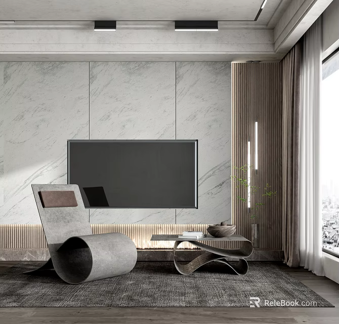 Modern Leisure Chair in Living Room with Marble Wall TV Screen and Decorative Plant 3d model 