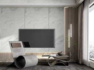 Modern Leisure Chair in Living Room with Marble Wall TV Screen and Decorative Plant 3d model