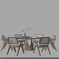 Modern Round Wooden Dining Table Set With Six Woven Chairs And Decorative Centerpiece