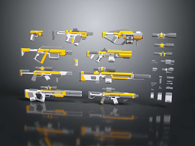 Various Yellow And White Weapons With Different Types And Design Components 3d model