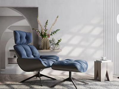 Blue Modern Lounge Chair With Ottoman In Bright Interior With Arched Wall And Plants 3d model