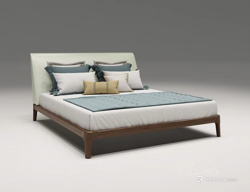 Double Bed With Wooden Frame Light Colored Headboard Multiple Pillows And Light Blue Bed Runner 3d model