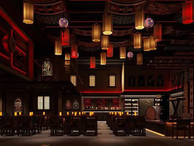 Traditional Chinese Pub Interior With Hanging Lanterns Dark Wooden Decor And Traditional Patterns 3d model