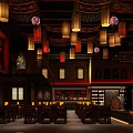 Traditional Chinese Pub Interior With Hanging Lanterns Dark Wooden Decor And Traditional Patterns