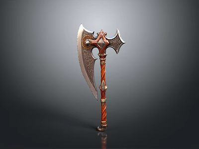 Ornate Battle Axe Weapon With Carved Metal Blade And Red Textured Handle 3d model