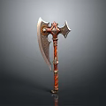 Ornate Battle Axe Weapon With Carved Metal Blade And Red Textured Handle