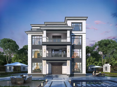 Modern Detached Villa with Large Windows Balconies Swimming Pool Outdoor Seating and Lush Greenery 3d model