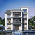 Modern Detached Villa with Large Windows Balconies Swimming Pool Outdoor Seating and Lush Greenery