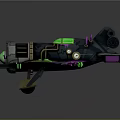 Futuristic Cosmic Spaceship With Glowing Green Purple Elements And Mechanical Details