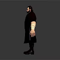 Bearded Man Wearing Black Long Coat White Shirt Cross Pendant Bandaged Arms Dark Pants Boots