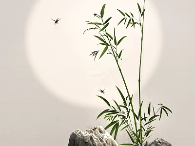 Graceful Bamboo Plant With Green Leaves And Dragonflies Near Stones Under Circular Light 3d model