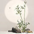 Graceful Bamboo Plant With Green Leaves And Dragonflies Near Stones Under Circular Light