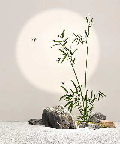 Graceful Bamboo Plant With Green Leaves And Dragonflies Near Stones Under Circular Light 3d model