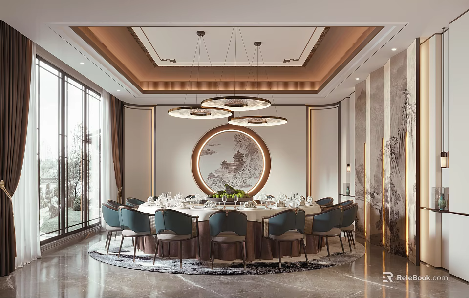 Private Dining Room Interior With Round Table Chandeliers Large Windows And Modern Chinese Decor 3d model 