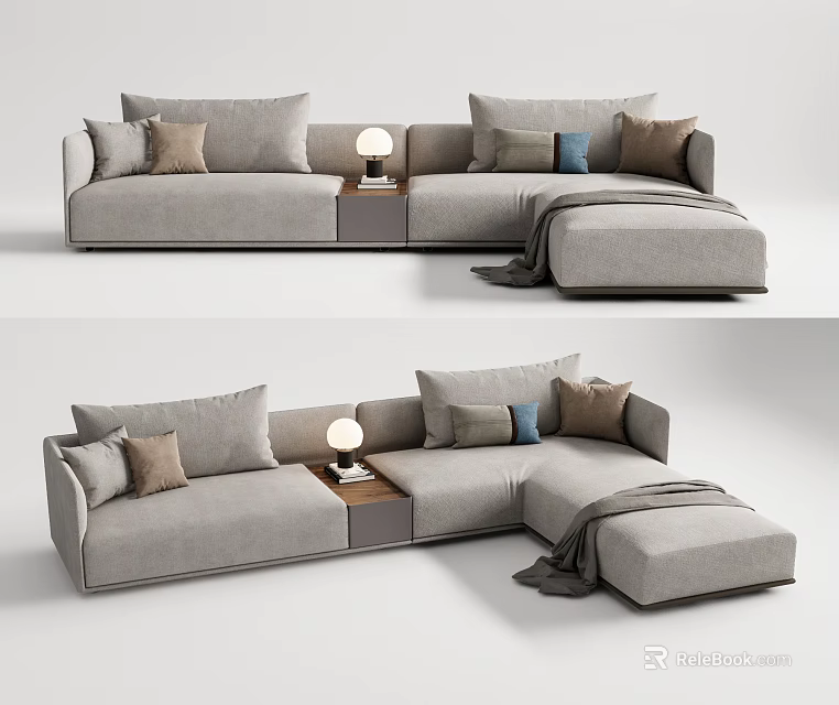 Light Gray Sectional Sofa With Various Colored Throw Pillows Side Table Lamp And Ottoman Blanket 3d model