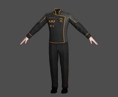 Stylish Black Suit With Yellow Trim Stand Up Collar And Chest Badges 3d model
