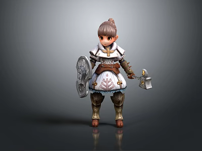Elf Warrior Girl With Braided Hair Holding Shield And Hammer In Decorative Armor 3d model