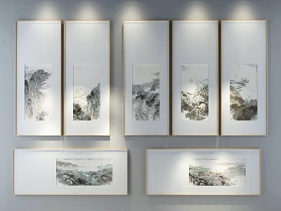 Traditional Chinese Ink Wash Landscape Paintings Framed For Interior Wall Decor With Mountain Scenery 3d model