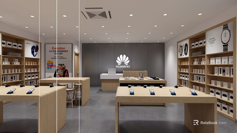 Huawei Mall Store Modern Interior With Bright Lighting Display Tables Mobile Phones And Accessories 3d model 