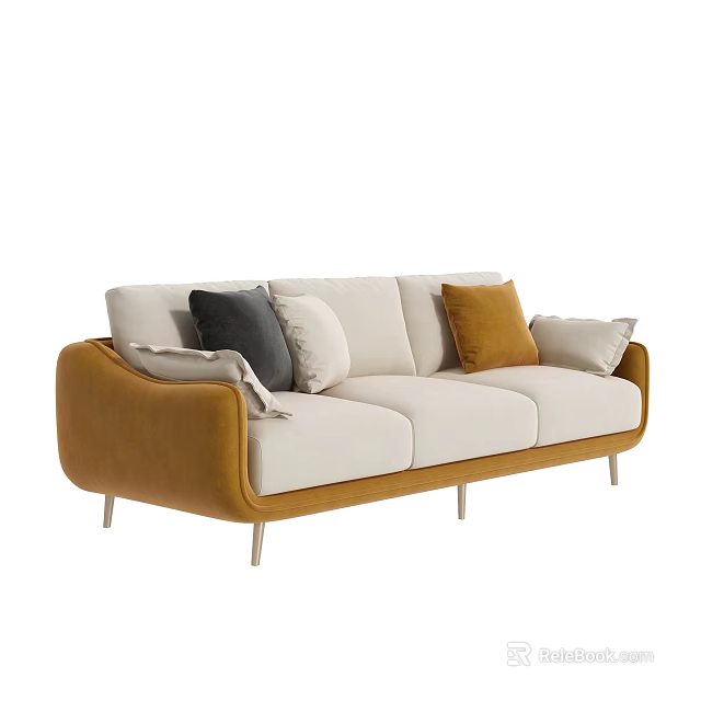 Modern Three Seater Sofa With Beige Upholstery Caramel Armrests And Colorful Cushions Metal Legs 3d model 