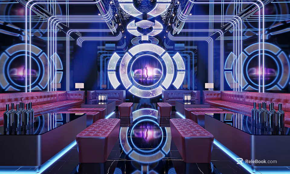 Modern KTV Interior Design With Neon Lights Circular Decor Mirrored Floors And Leather Sofas 3d model 