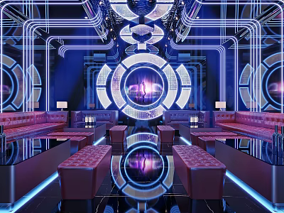 Modern KTV Interior Design With Neon Lights Circular Decor Mirrored Floors And Leather Sofas 3d model