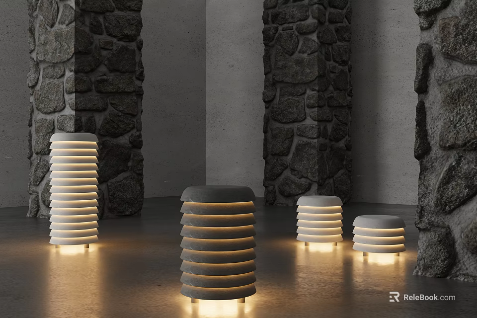 Illuminated Cylindrical Striped Floor Lamps In Modern Indoor Space With Stone Walls 3d model 