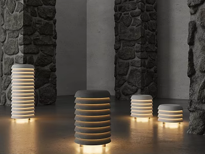 Illuminated Cylindrical Striped Floor Lamps In Modern Indoor Space With Stone Walls 3d model