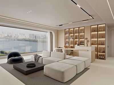 Modern Living Dining Room With Floor to Ceiling Windows River View White Sofa Wooden Cabinets 3d model