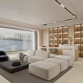Modern Living Dining Room With Floor to Ceiling Windows River View White Sofa Wooden Cabinets