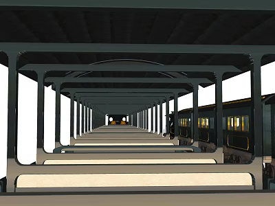 Train At Covered Railway Station Platform With Pillars And Benches 3d model