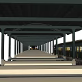 Train At Covered Railway Station Platform With Pillars And Benches 3d model