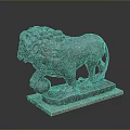 Bronze Lion Statue With Curly Mane Standing On Ball And Marble Base
