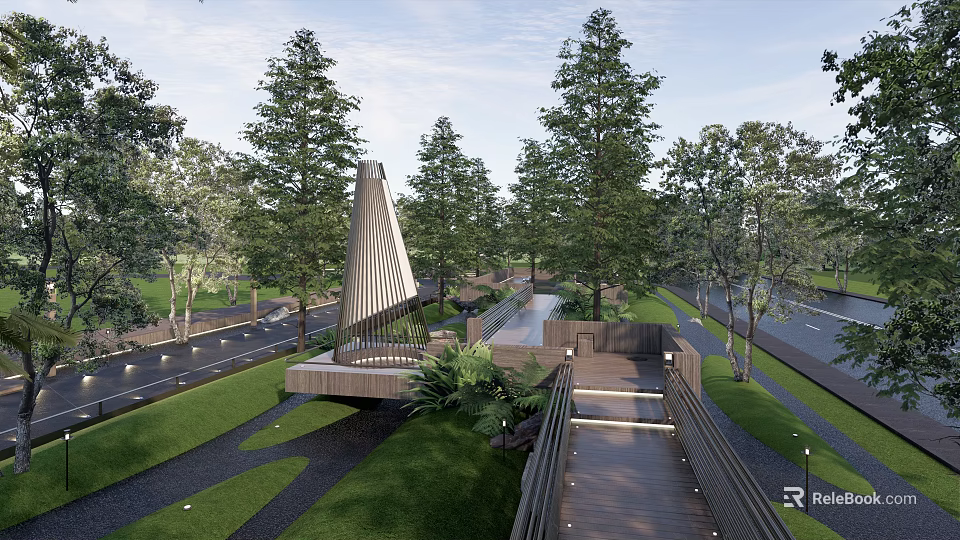 Scenic Park Landscape With Tall Trees Wooden Walkway Modern Bridge And Lush Green Lawn 3d model 