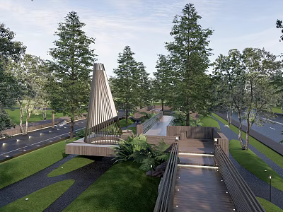 Scenic Park Landscape With Tall Trees Wooden Walkway Modern Bridge And Lush Green Lawn 3d model
