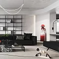 Modern Living Room Interior With Red Sofa Black Seating Decorative Bookshelf And Chandelier