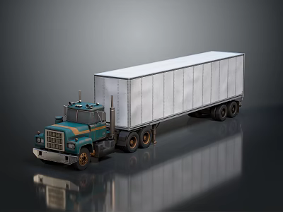 Teal And White Truck With Long White Trailer Multiple Wheels Reflection On Dark Surface 3d model