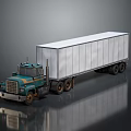 Teal And White Truck With Long White Trailer Multiple Wheels Reflection On Dark Surface 3d model
