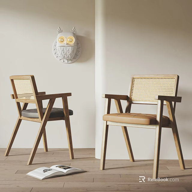 Wooden Dining Chairs With Armrests Woven Backrest And Gray Brown Upholstered Seats 3d model 