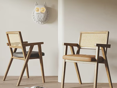 Wooden Dining Chairs With Armrests Woven Backrest And Gray Brown Upholstered Seats 3d model