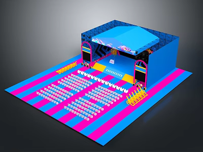 Colorful Stage Setup With Blue Canopy Pink Blue Striped Floor And Audience Seating 3d model