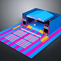 Colorful Stage Setup With Blue Canopy Pink Blue Striped Floor And Audience Seating