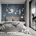 Space Themed Kids Room Interior With Astronaut Rocket Planet Wall Decor And Bed