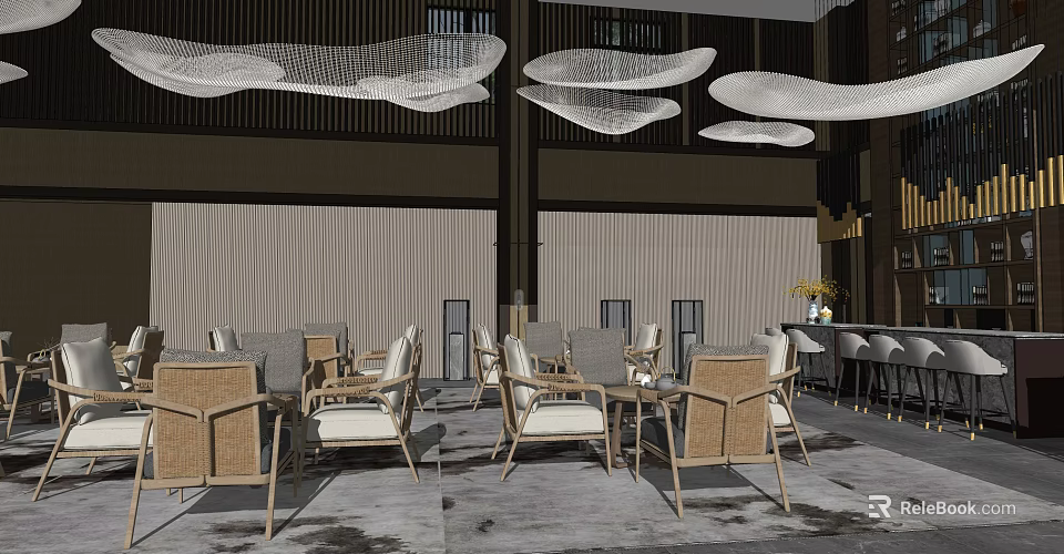 Modern Casual Lounge Area With Wicker Chairs Coffee Tables Hanging Cloud Decor And Soft Lighting 3d model 